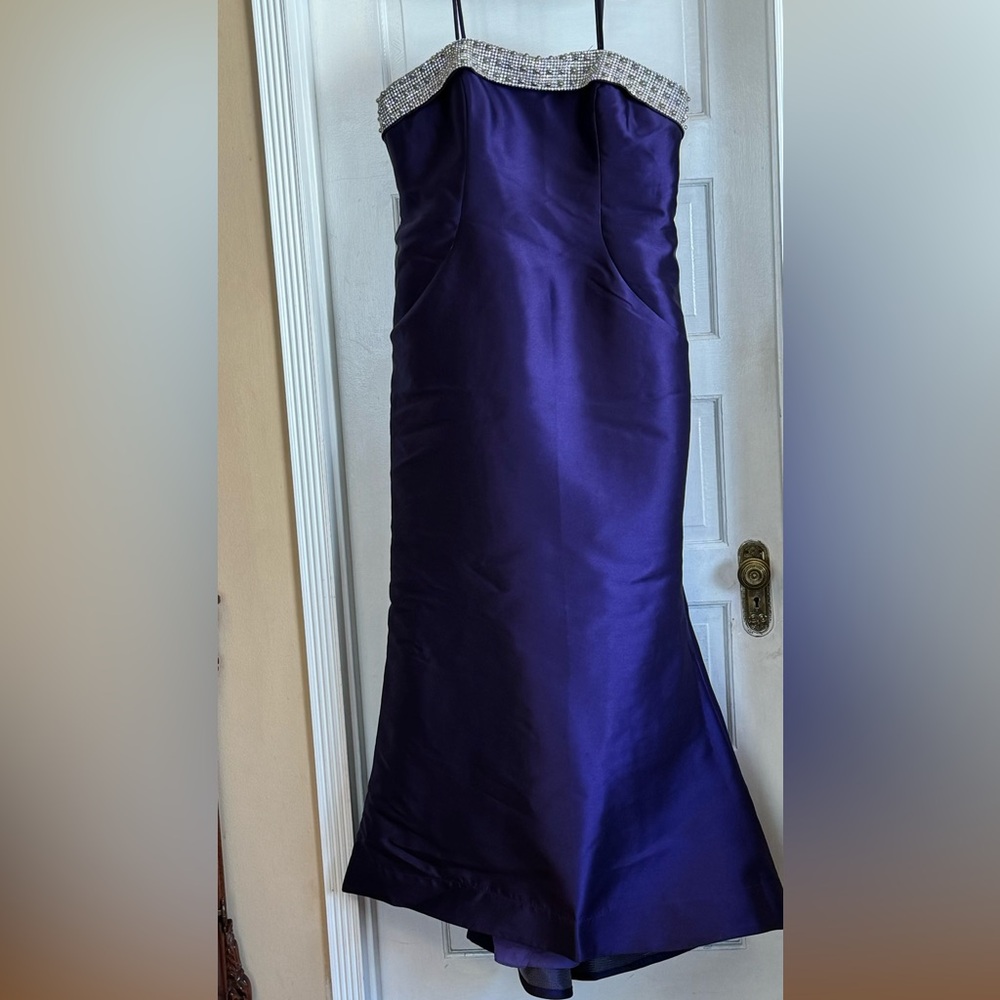 A- line evening gown dark purple (eggplant) color with detachable bow/tail